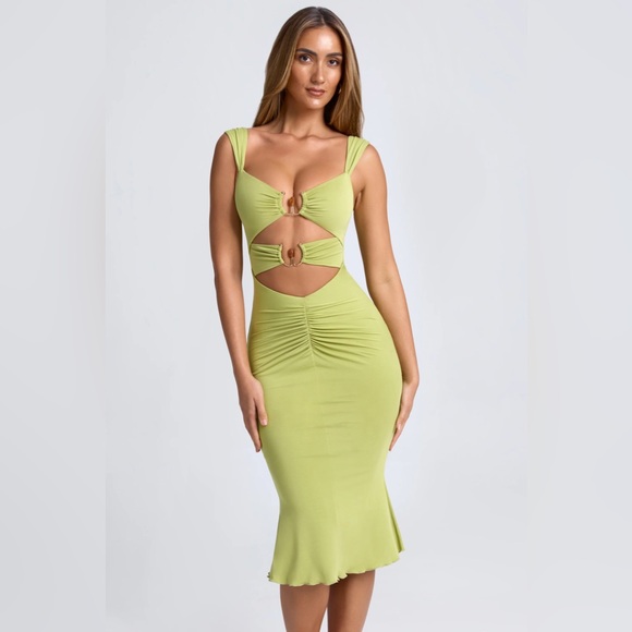 Oh Polly Dresses & Skirts - Oh Polly Aelia Ruched Hardware Detail Cut-Out Midaxi Dress in Olive Green